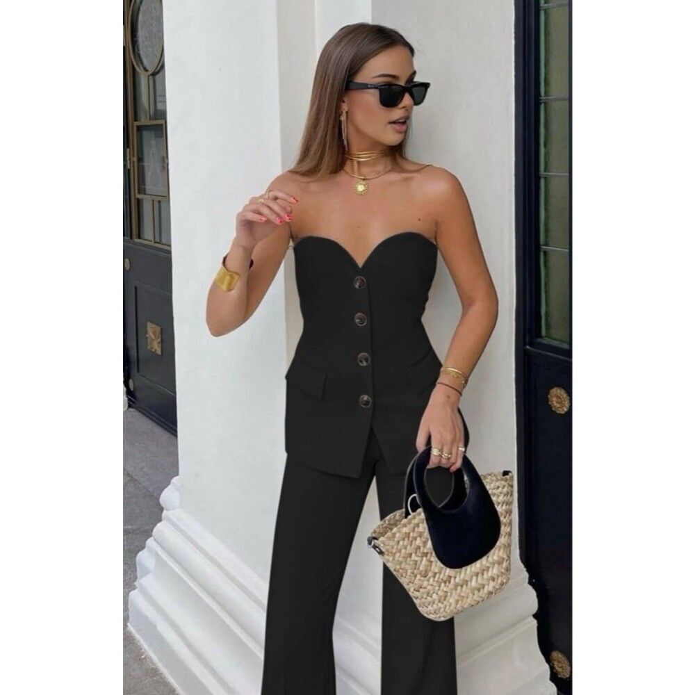 Commense NWT Large Black Tube Top Pants Set Old Money Minimalist Quiet Luxury - Picture 2 of 12